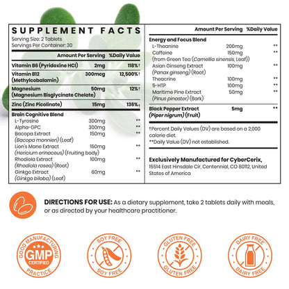 17-in-1 Supplement for Memory and Focus - Supplement for Concentration, Clarity, Energy & Focus - Natural Caffeine Blend with Vitamins, Amino Acids & Herbal Extracts - 60 Tablets - Maple Wellness Supplements