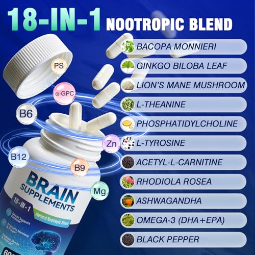 18-in-1 Brain Supplement for Memory and Focus – Nootropic Capsules with Alpha GPC, Bacopa, Ginkgo Biloba, Lion's Mane, Vitamin B6 & B12 | Cognitive Health, Mental Clarity | Vegan, Non-GMO - Maple Wellness Supplements