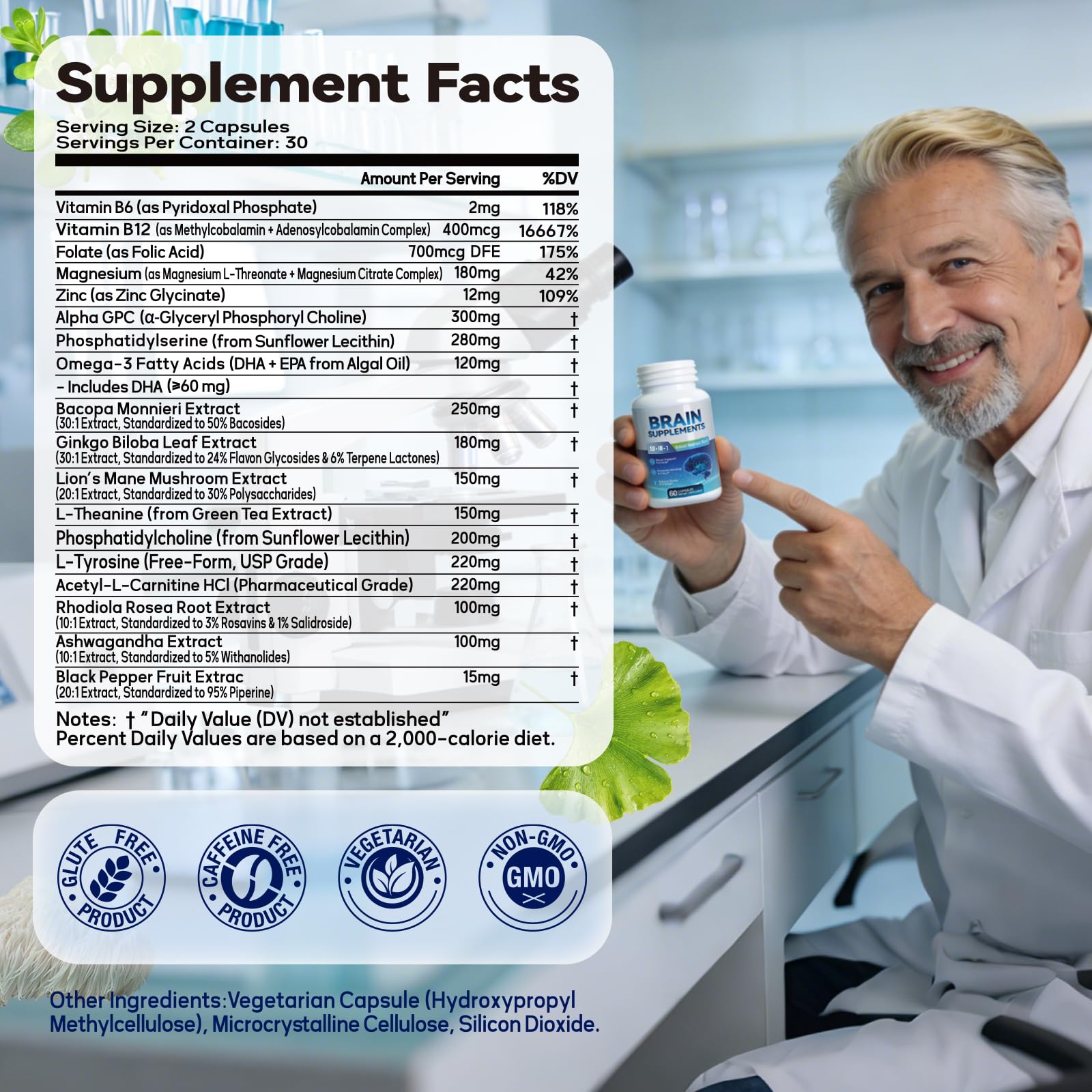 18-in-1 Brain Supplement for Memory and Focus – Nootropic Capsules with Alpha GPC, Bacopa, Ginkgo Biloba, Lion's Mane, Vitamin B6 & B12 | Cognitive Health, Mental Clarity | Vegan, Non-GMO - Maple Wellness Supplements