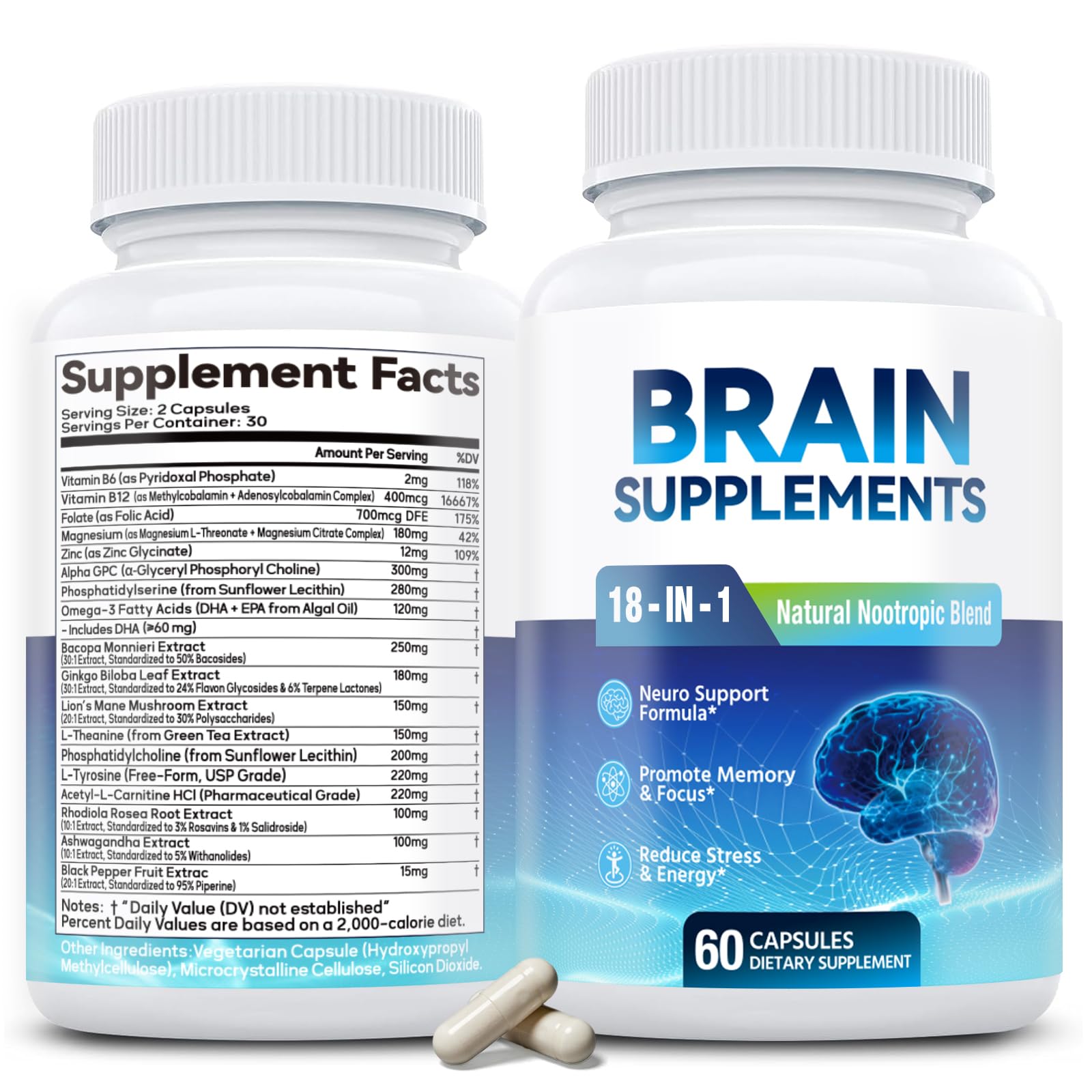 18-in-1 Brain Supplement for Memory and Focus – Nootropic Capsules with Alpha GPC, Bacopa, Ginkgo Biloba, Lion's Mane, Vitamin B6 & B12 | Cognitive Health, Mental Clarity | Vegan, Non-GMO - Maple Wellness Supplements