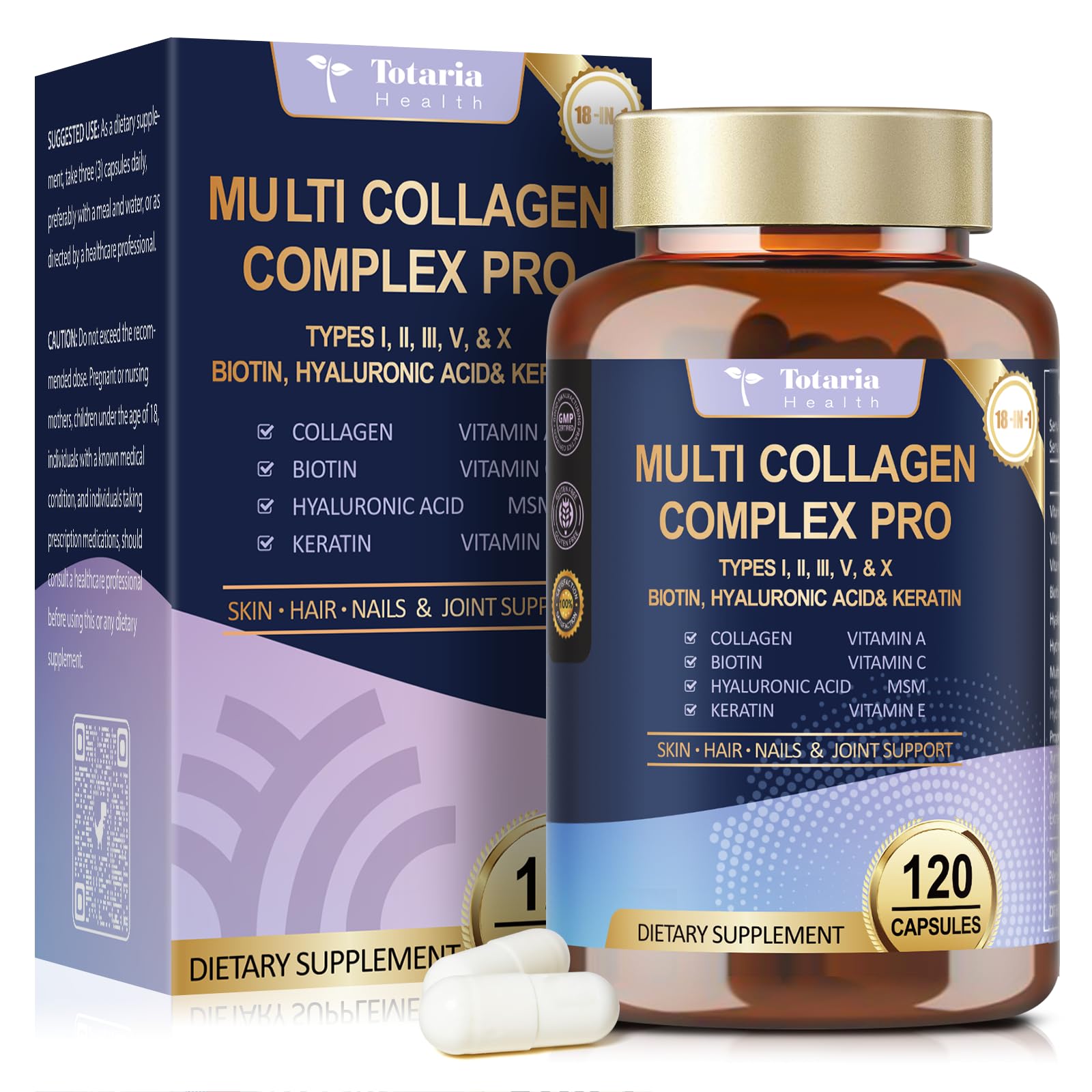 18-in-1 Collagen Pro with Hyaluronic Acid, Keratin, Biotin, VIT A C & E for Skin, Hair, Nails, Joint & Beauty - Multi Collagen Peptides Capsules - Maple Wellness Supplements