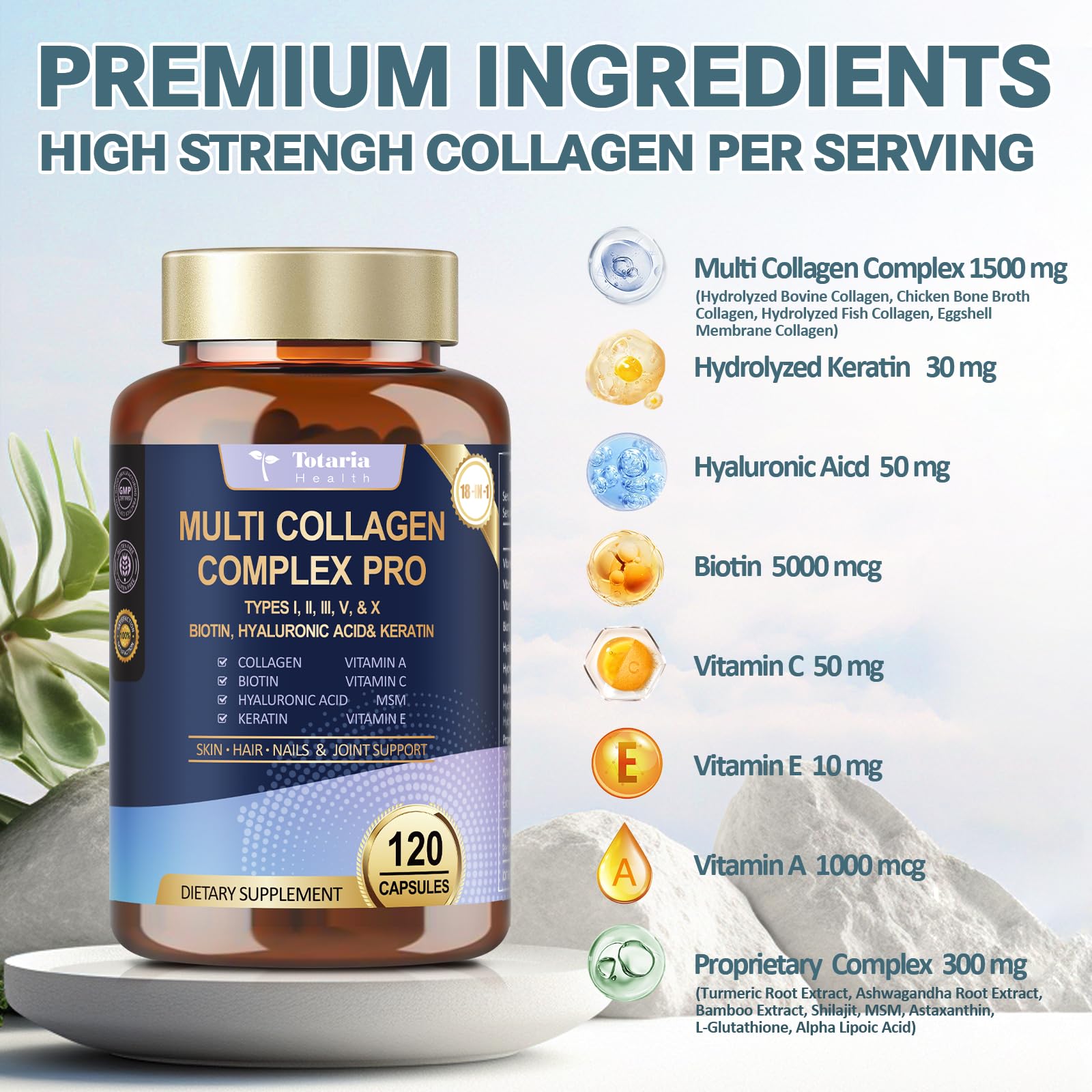 18-in-1 Collagen Pro with Hyaluronic Acid, Keratin, Biotin, VIT A C & E for Skin, Hair, Nails, Joint & Beauty - Multi Collagen Peptides Capsules - Maple Wellness Supplements