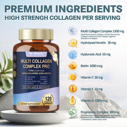 18-in-1 Collagen Pro with Hyaluronic Acid, Keratin, Biotin, VIT A C & E for Skin, Hair, Nails, Joint & Beauty - Multi Collagen Peptides Capsules - Maple Wellness Supplements