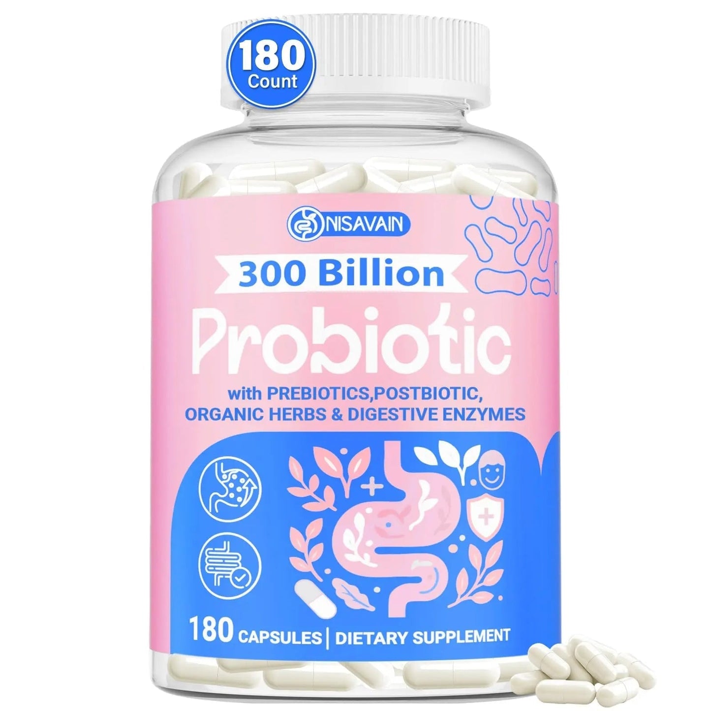 (180 Capsules) Probiotics for Women & Men, 5-in-1 Probiotic, Prebiotic, Postbiotic, Organic Herbs & 16 Digestive Enzymes Blend, 300 Billion CFU, Complete Gut Health, Digestive Health & Immune* - Maple Wellness Supplements