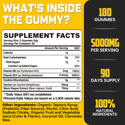 (180 Count) Creatine Monohydrate Gummies for Men & Women - Creatine Pre Workout Gummies for Muscle Builder, Muscle Strength, Recovery, Endurance, Energy, - Maple Wellness Supplements