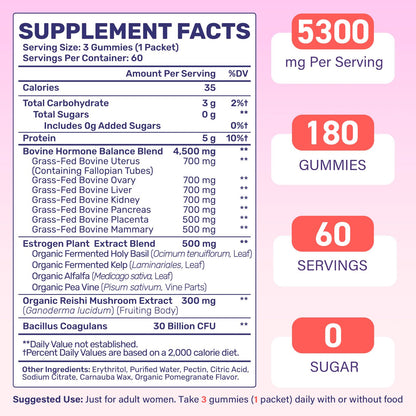 (180 Gummies) Beef Organ Supplement for Women - 5300mg Beef Liver, Kidney, Uterus & 10 More, for Hormone Balance, Menstruation, Energy, Immunity, Gut & Skin Health - 100% Grass Fed & Pasture Raise - Maple Wellness Supplements