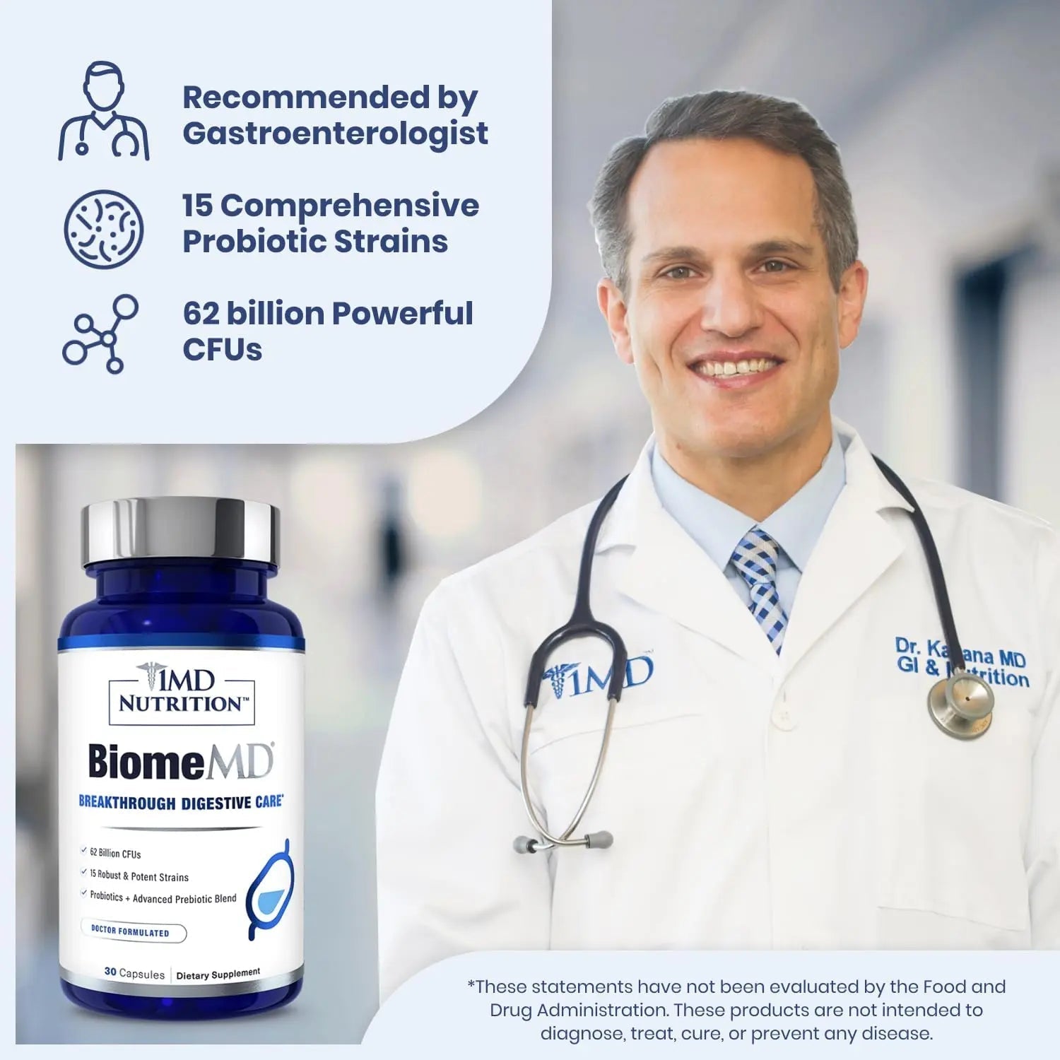 1MD Nutrition BiomeMD Probiotics | 62 Billion CFUs, 15 Comprehensive Strains - Pro & Prebiotics | Doctor-Formulated for Digestive Health & Immune Support | 30 Capsules - Maple Wellness Supplements