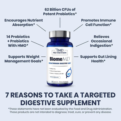 1MD Nutrition BiomeMD Probiotics | 62 Billion CFUs, 15 Comprehensive Strains - Pro & Prebiotics | Doctor-Formulated for Digestive Health & Immune Support | 30 Capsules - Maple Wellness Supplements