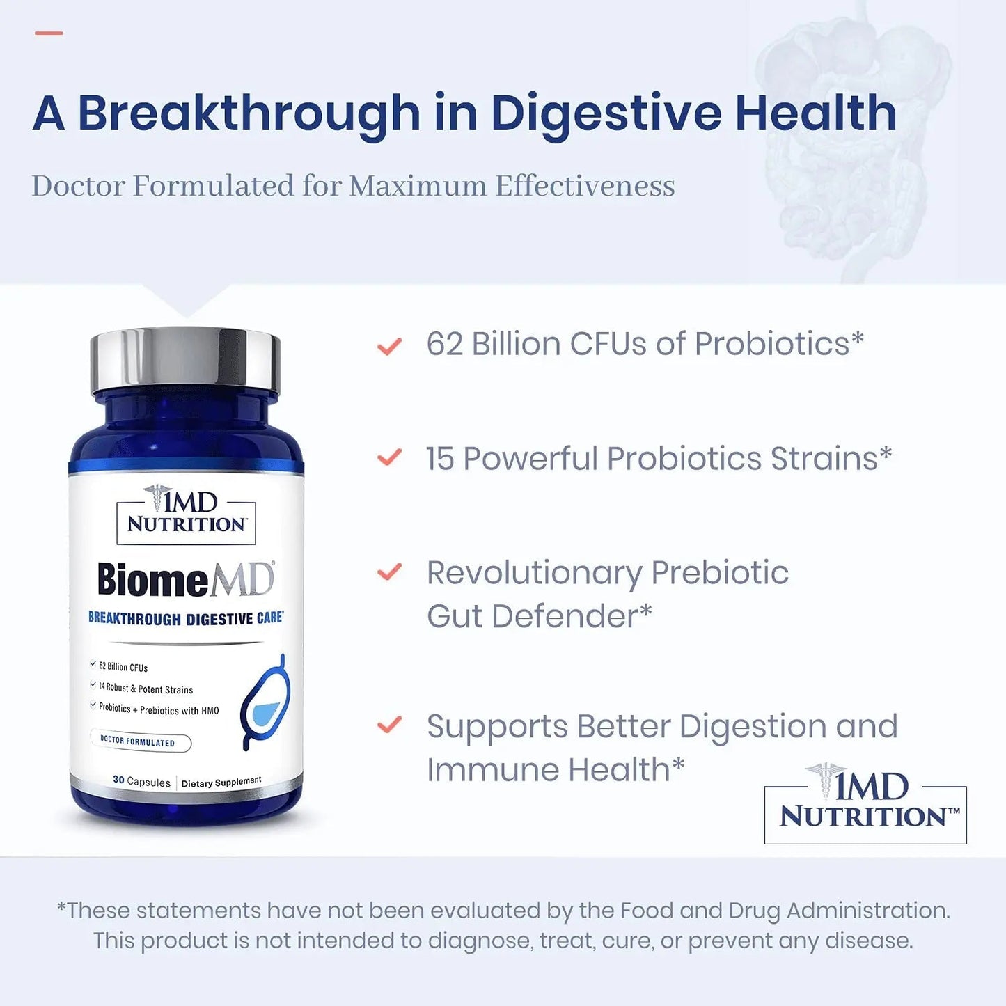 1MD Nutrition BiomeMD Probiotics | 62 Billion CFUs, 15 Comprehensive Strains - Pro & Prebiotics | Doctor-Formulated for Digestive Health & Immune Support | 30 Capsules - Maple Wellness Supplements