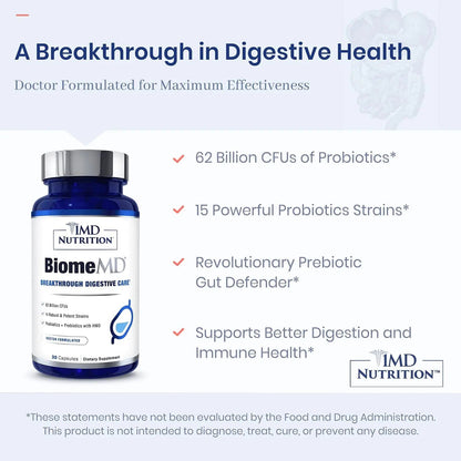 1MD Nutrition BiomeMD Probiotics | 62 Billion CFUs, 15 Comprehensive Strains - Pro & Prebiotics | Doctor-Formulated for Digestive Health & Immune Support | 30 Capsules - Maple Wellness Supplements