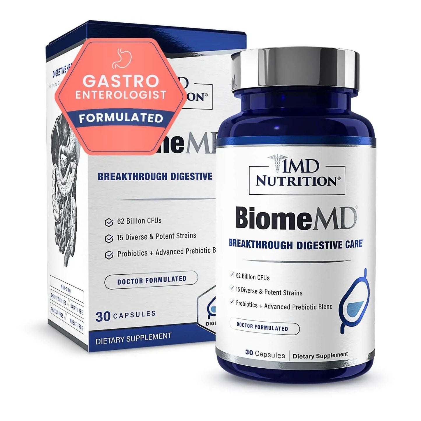 1MD Nutrition BiomeMD Probiotics | 62 Billion CFUs, 15 Comprehensive Strains - Pro & Prebiotics | Doctor-Formulated for Digestive Health & Immune Support | 30 Capsules - Maple Wellness Supplements