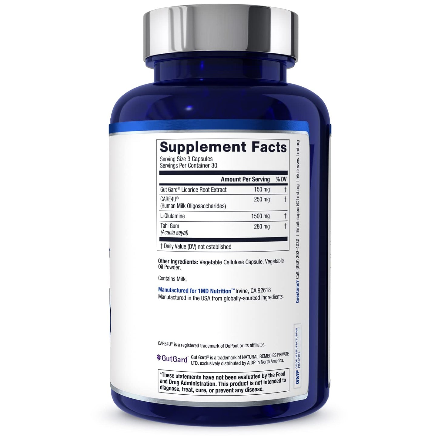 1MD Nutrition GutMD - L-Glutamine Capsules w/Prebiotic for Gut Health - L Glutamine Supplement - Supports Healthy Digestive - Maple Wellness Supplements