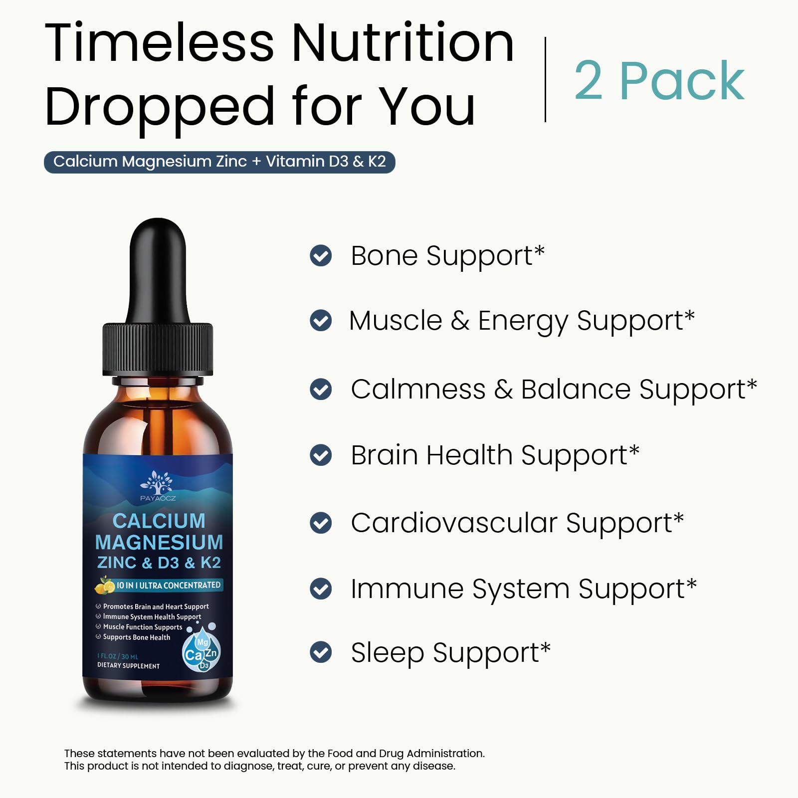 (2 Pack) 10 in 1 Magnesium Calcium Zinc Supplement with Vitamin C D3 K2, Glycinate Mag Vegan Liquid Drops Plus L-Theanine Boron Sea Moss Extract, Immune Support - Maple Wellness Supplements