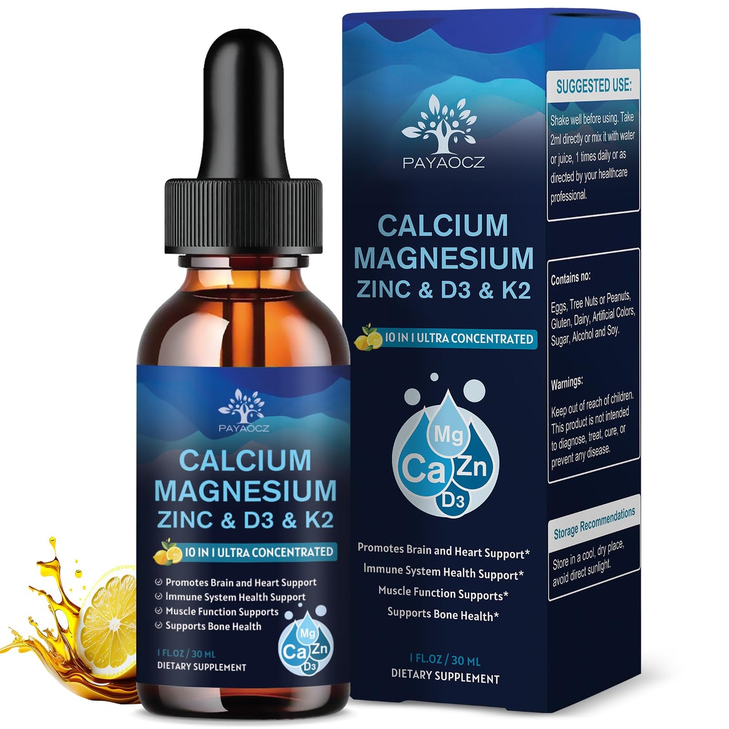 (2 Pack) 10 in 1 Magnesium Calcium Zinc Supplement with Vitamin C D3 K2, Glycinate Mag Vegan Liquid Drops Plus L-Theanine Boron Sea Moss Extract, Immune Support - Maple Wellness Supplements