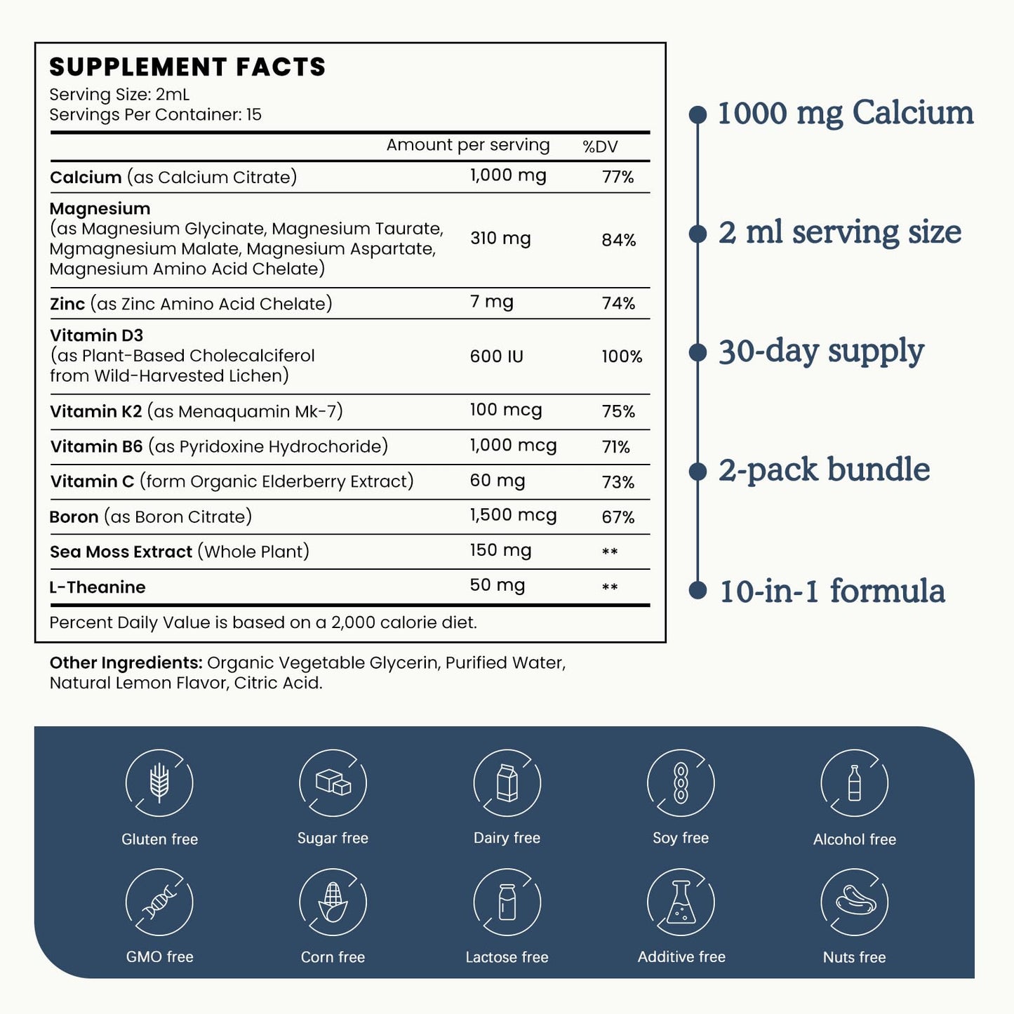 (2 Pack) 10 in 1 Magnesium Calcium Zinc Supplement with Vitamin C D3 K2, Glycinate Mag Vegan Liquid Drops Plus L-Theanine Boron Sea Moss Extract, Immune Support - Maple Wellness Supplements