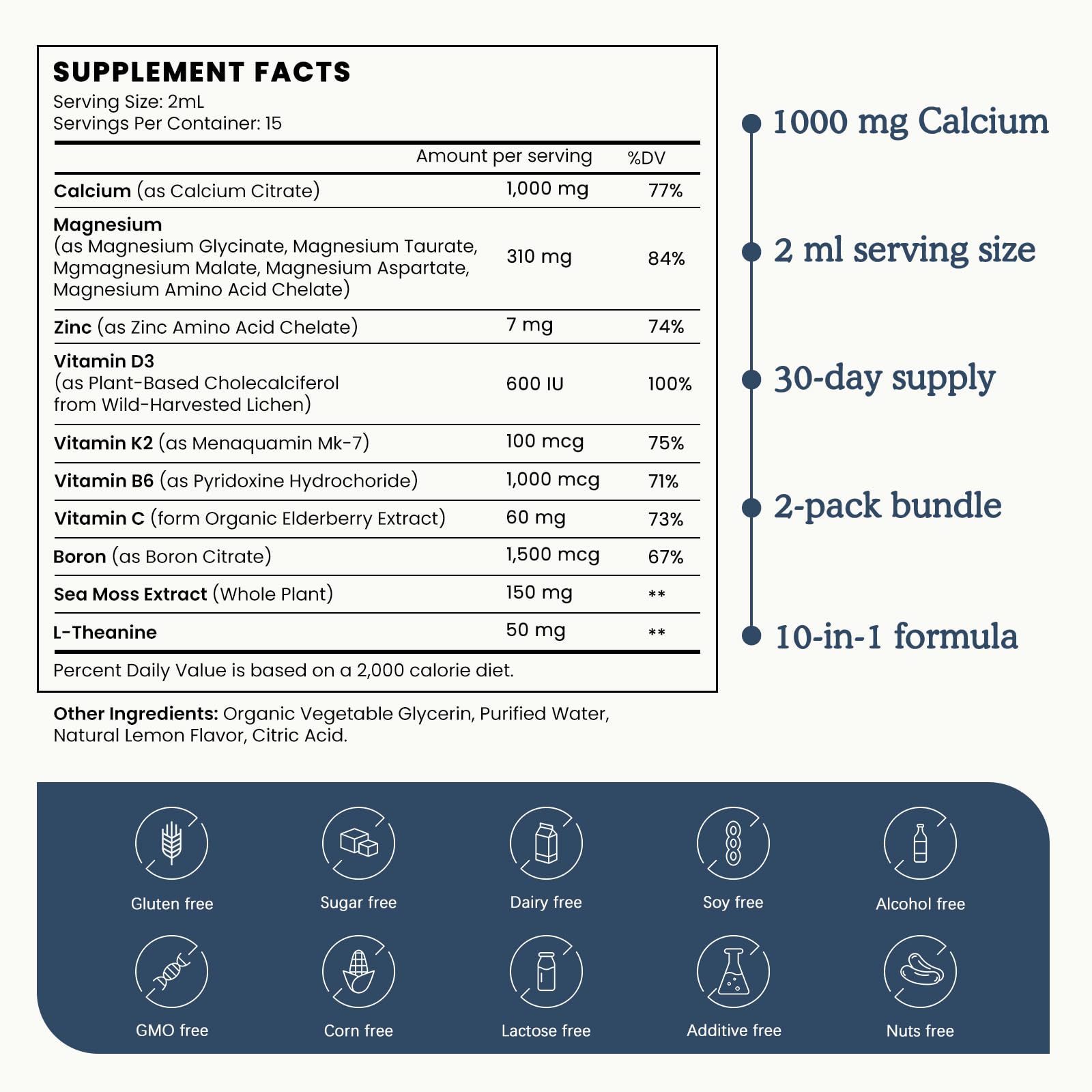 (2 Pack) 10 in 1 Magnesium Calcium Zinc Supplement with Vitamin C D3 K2, Glycinate Mag Vegan Liquid Drops Plus L-Theanine Boron Sea Moss Extract, Immune Support - Maple Wellness Supplements