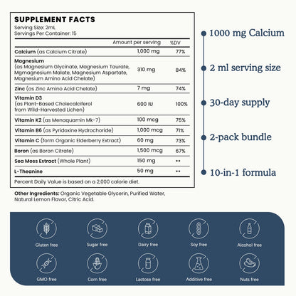 (2 Pack) 10 in 1 Magnesium Calcium Zinc Supplement with Vitamin C D3 K2, Glycinate Mag Vegan Liquid Drops Plus L-Theanine Boron Sea Moss Extract, Immune Support - Maple Wellness Supplements