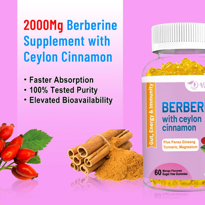 2 Pack Berberine with Ceylon Cinnamon Gummies, 2000mg High Potency Berberine HCI - Maple Wellness Supplements