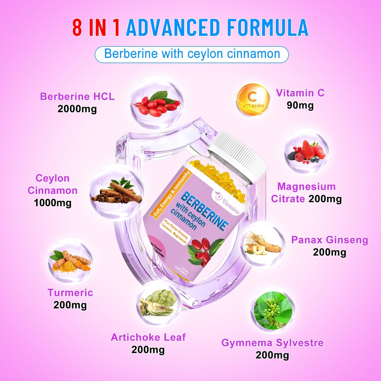 2 Pack Berberine with Ceylon Cinnamon Gummies, 2000mg High Potency Berberine HCI - Maple Wellness Supplements