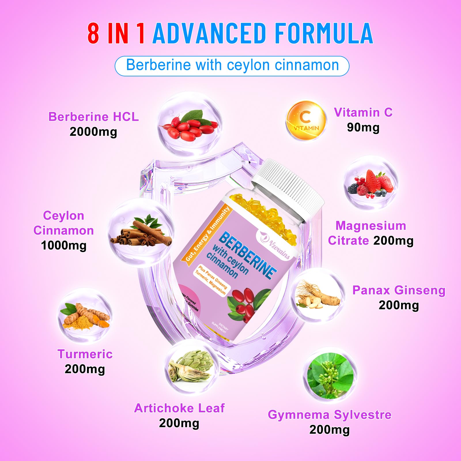 2 Pack Berberine with Ceylon Cinnamon Gummies, 2000mg High Potency Berberine HCI - Maple Wellness Supplements