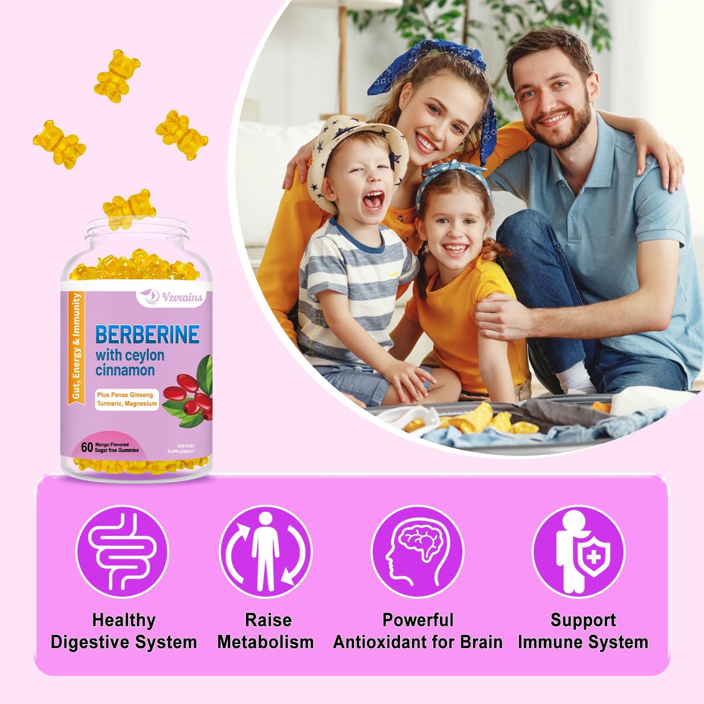2 Pack Berberine with Ceylon Cinnamon Gummies, 2000mg High Potency Berberine HCI - Maple Wellness Supplements