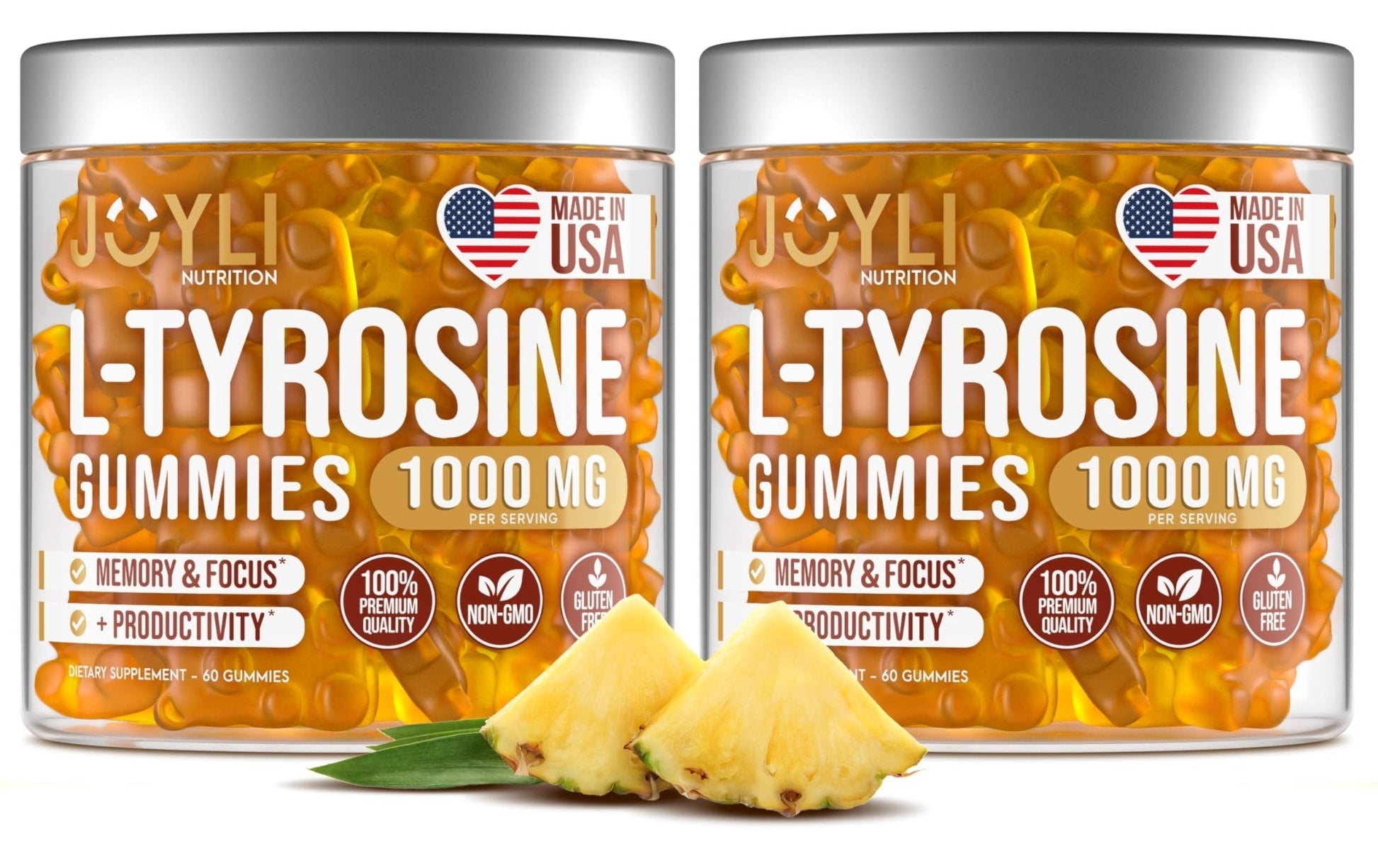 2 Pack - JOYLI L-Tyrosine Gummies 1000MG – Sugar-Free Vegan Focus Supplement & Mood Support for Kids & Adults – 500mg Per Gummy – Sleep Gummies for Memory, Energy & Wellness – 60 Pcs per Pack - Maple Wellness Supplements