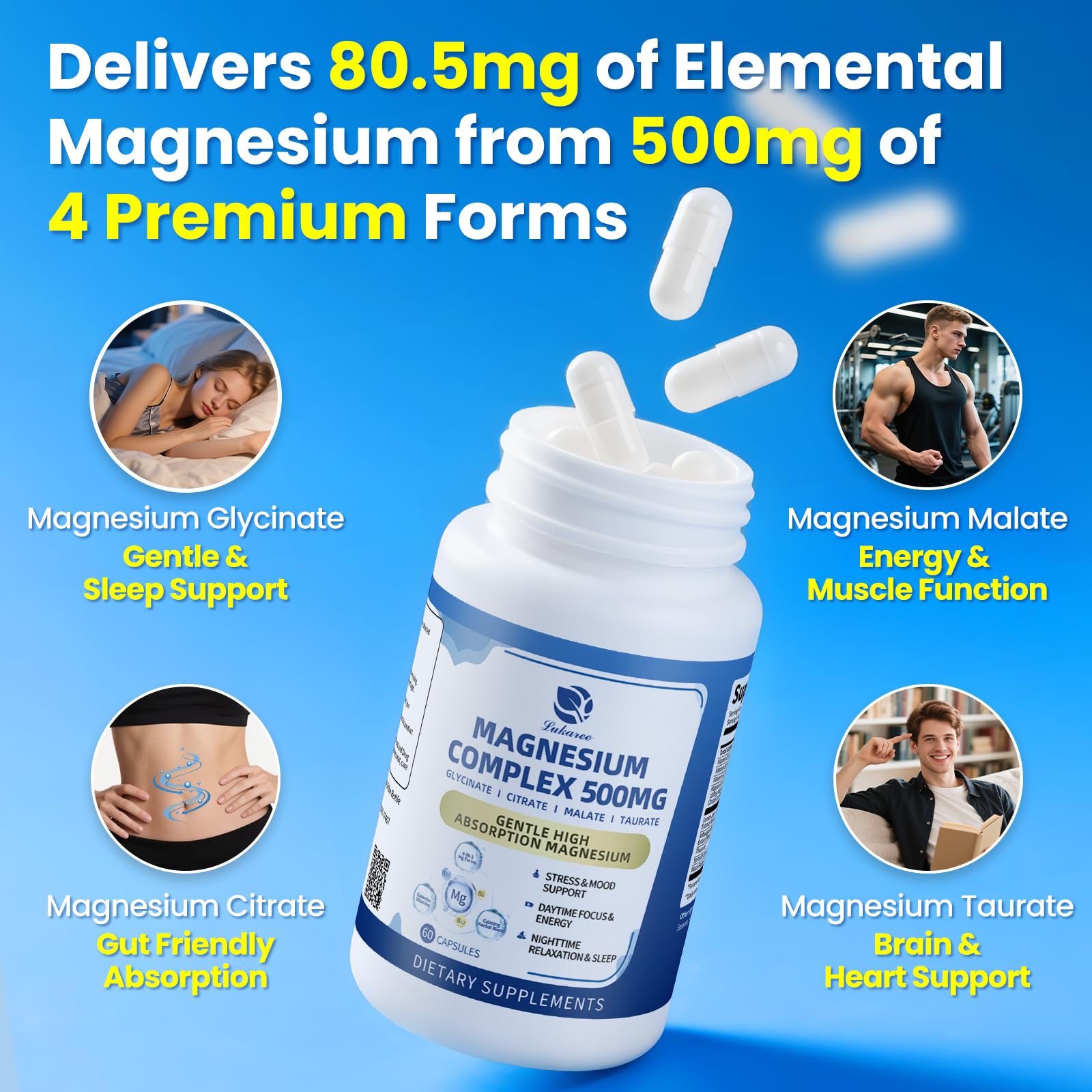2 Pack Magnesium Complex for Women and Men 4-in-1 Magnesium Glycinate, Citrate, Malate, Taurate - Magnesium Supplement for Relaxation, Sleep & Focus, 60 Days Supply - Maple Wellness Supplements