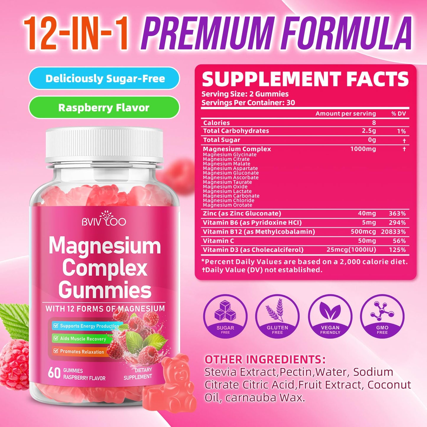 2 Pack Magnesium Complex Gummies – with 12 Forms of Magnesium Plus Vitamins B6, B12 & C. Vegan Strawberry Gummies to Support Mood, for Adults, 120 Count - Maple Wellness Supplements