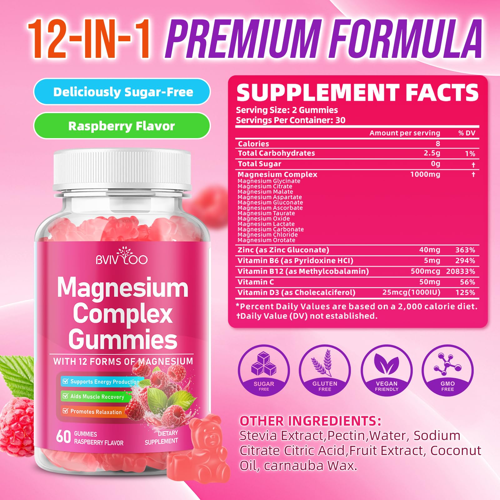 2 Pack Magnesium Complex Gummies – with 12 Forms of Magnesium Plus Vitamins B6, B12 & C. Vegan Strawberry Gummies to Support Mood, for Adults, 120 Count - Maple Wellness Supplements