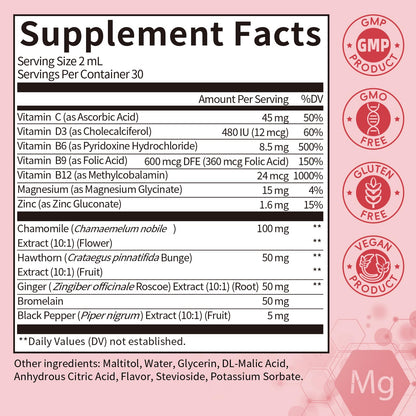 (2 Pack) Magnesium Glycinate Liquid with Chamomile, Hawthorn & Ginger for Stress Relief and Digestive Comfort, Fast Absorption, Non-GMO, Vegan Formula, Sugar Free, Strawberry Flavor, 4 Fl OZ - Maple Wellness Supplements