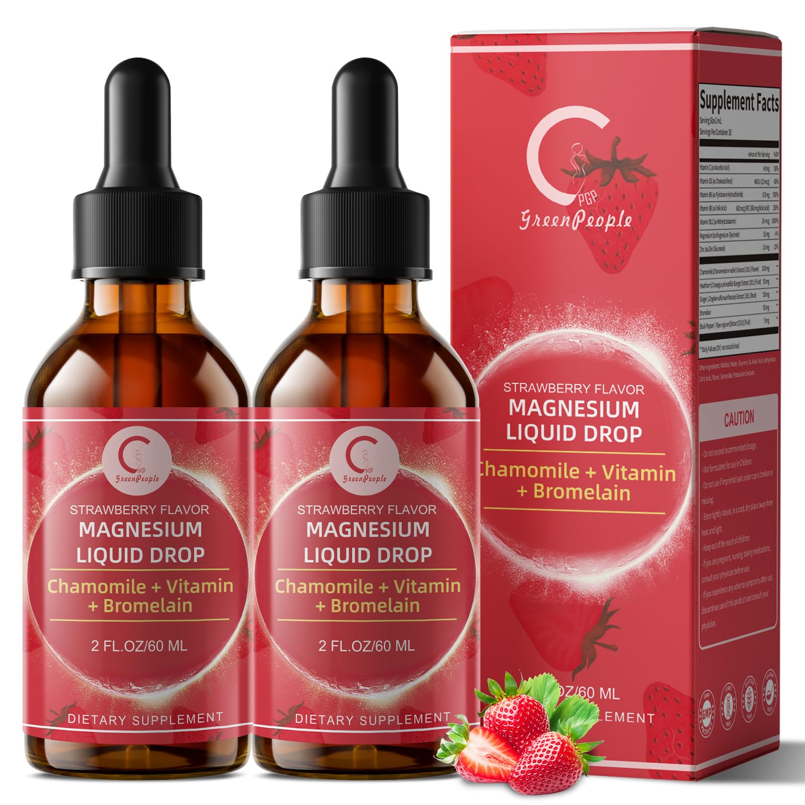 (2 Pack) Magnesium Glycinate Liquid with Chamomile, Hawthorn & Ginger for Stress Relief and Digestive Comfort, Fast Absorption, Non-GMO, Vegan Formula, Sugar Free, Strawberry Flavor, 4 Fl OZ - Maple Wellness Supplements