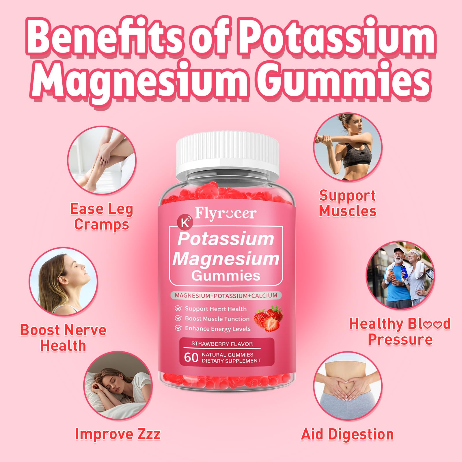 2 Pack Potassium Magnesium Gummies for Men & Women, Potassium Magnesium Supplement for Leg Cramps, Muscle Health, & Electrolyte Balance, Strawberry Flavor, 120 Gummies - Maple Wellness Supplements