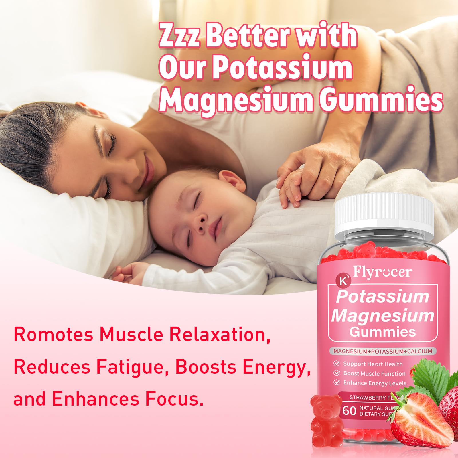 2 Pack Potassium Magnesium Gummies for Men & Women, Potassium Magnesium Supplement for Leg Cramps, Muscle Health, & Electrolyte Balance, Strawberry Flavor, 120 Gummies - Maple Wellness Supplements