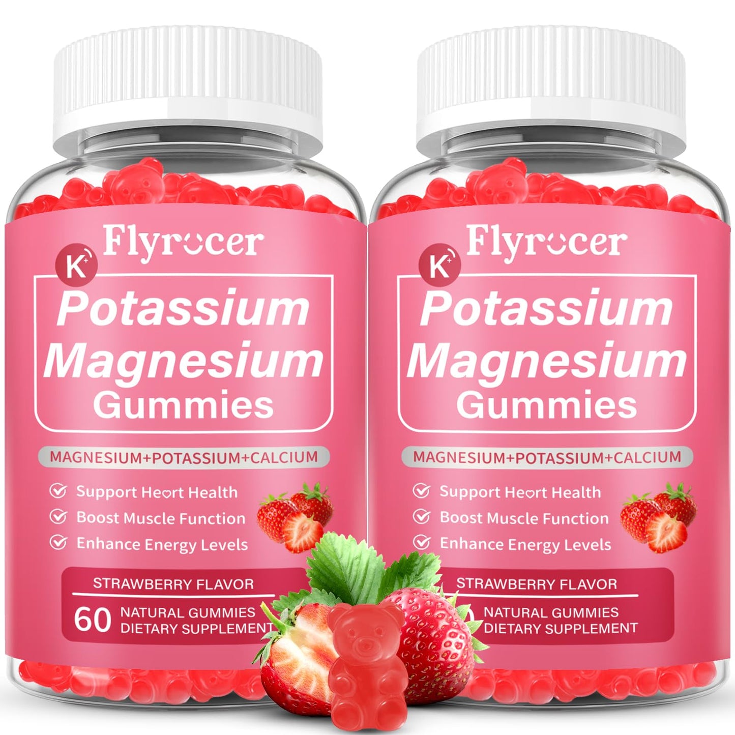 2 Pack Potassium Magnesium Gummies for Men & Women, Potassium Magnesium Supplement for Leg Cramps, Muscle Health, & Electrolyte Balance, Strawberry Flavor, 120 Gummies - Maple Wellness Supplements