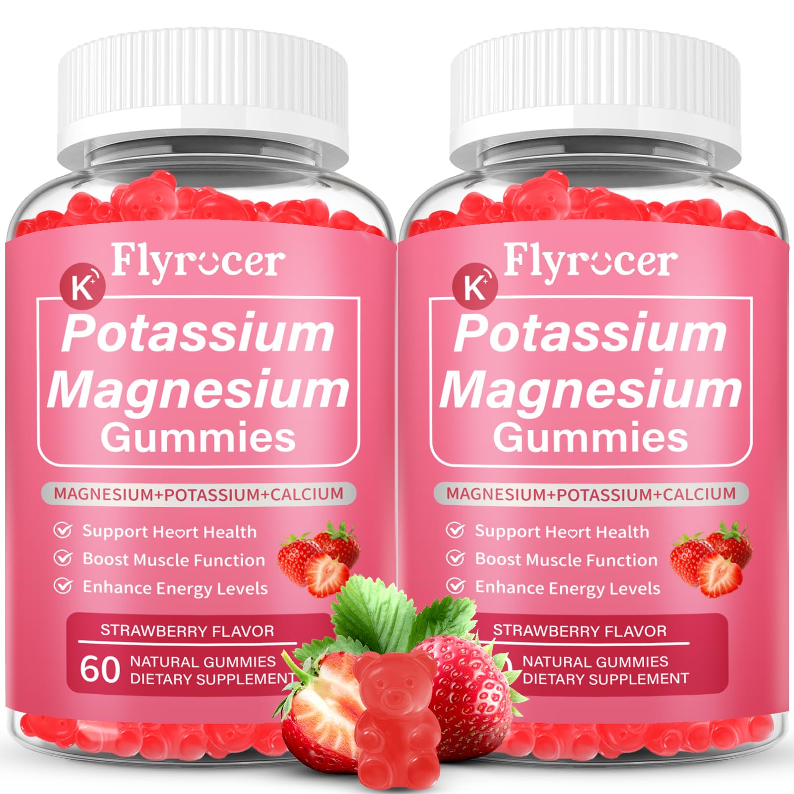 2 Pack Potassium Magnesium Gummies for Men & Women, Potassium Magnesium Supplement for Leg Cramps, Muscle Health, & Electrolyte Balance, Strawberry Flavor, 120 Gummies - Maple Wellness Supplements