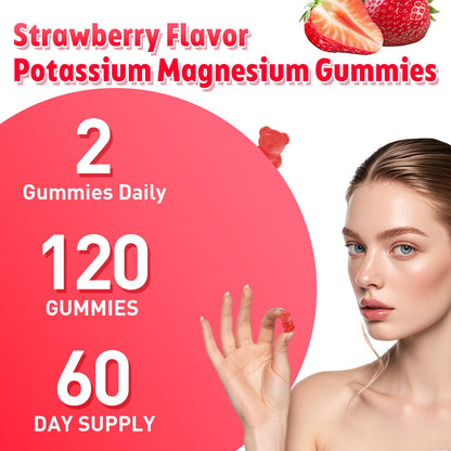 2 Pack Potassium Magnesium Gummies for Men & Women, Potassium Magnesium Supplement for Leg Cramps, Muscle Health, & Electrolyte Balance, Strawberry Flavor, 120 Gummies - Maple Wellness Supplements