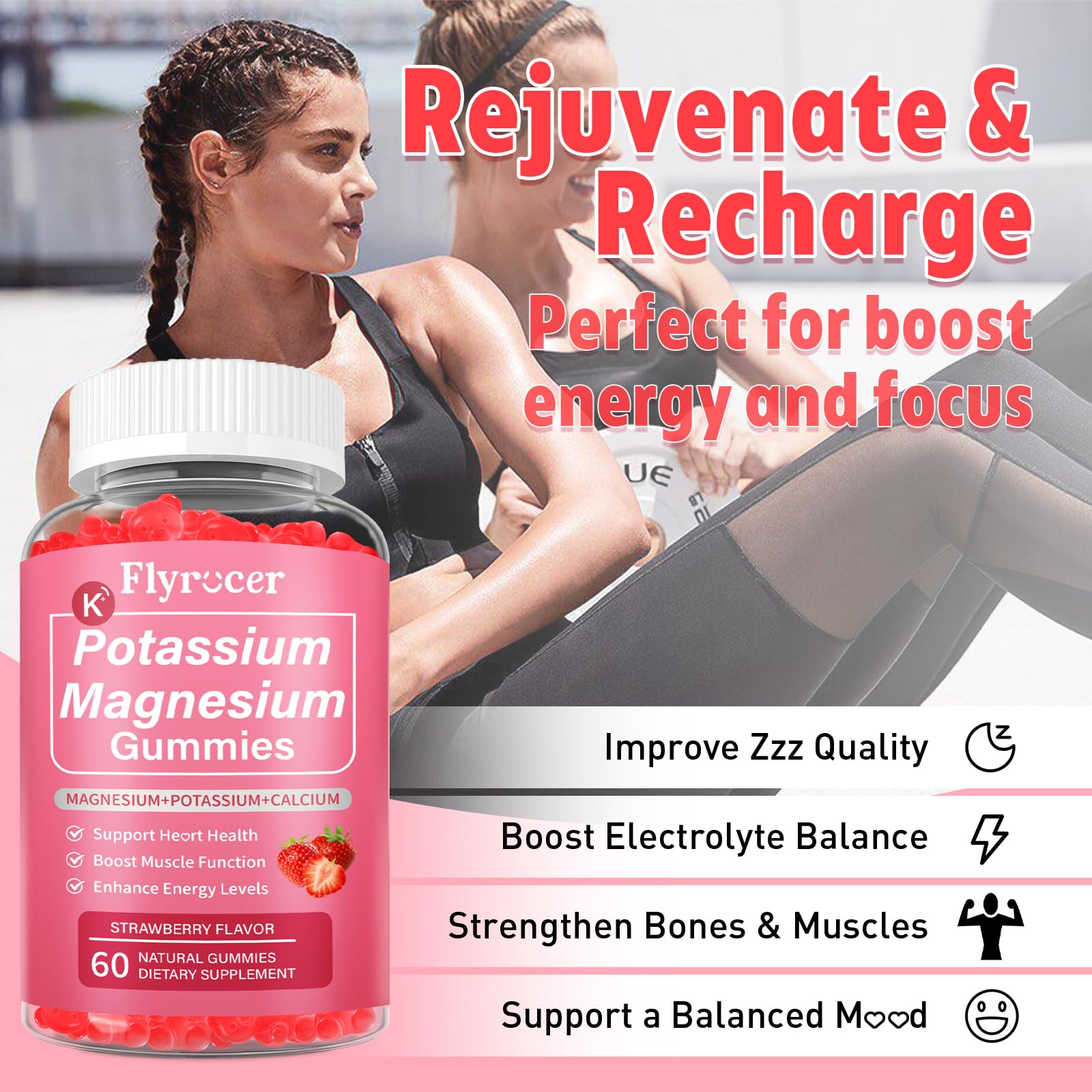 2 Pack Potassium Magnesium Gummies for Men & Women, Potassium Magnesium Supplement for Leg Cramps, Muscle Health, & Electrolyte Balance, Strawberry Flavor, 120 Gummies - Maple Wellness Supplements