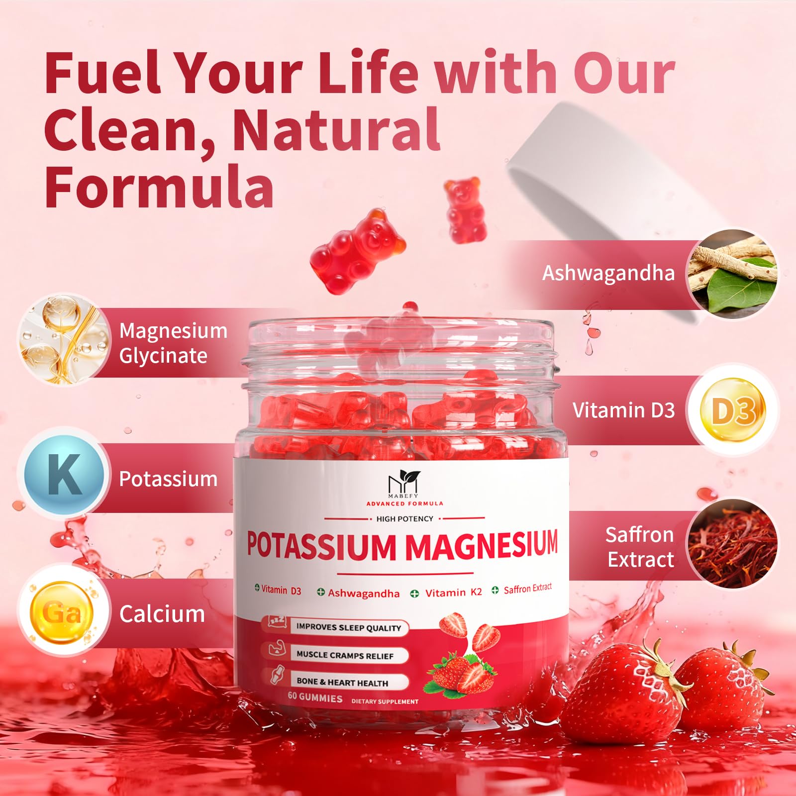 2 Pack Potassium Magnesium Gummies, Sugar Free Potassium Supplement Magnesium Glycinate 500mg, Ashwagandha, Vitamins D3, C, B6, Calcium & Zinc for Sleep, Leg Cramps & Muscle Relaxation-120 Count - Maple Wellness Supplements