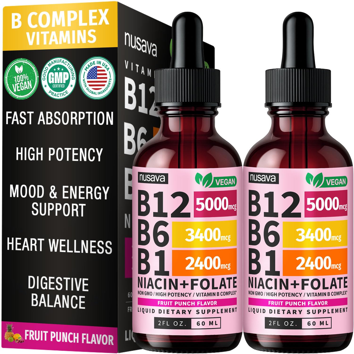 (2 Pack) Vitamin B12 and B6 Liquid Drops, B12 Sublingual Vitamin B Complex - B 12 Vitamin 5000mcg - B12 Methylcobalamin for Energy, Brain, and Heart Support - Maple Wellness Supplements