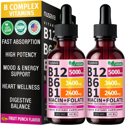 (2 Pack) Vitamin B12 and B6 Liquid Drops, B12 Sublingual Vitamin B Complex - B 12 Vitamin 5000mcg - B12 Methylcobalamin for Energy, Brain, and Heart Support - Maple Wellness Supplements