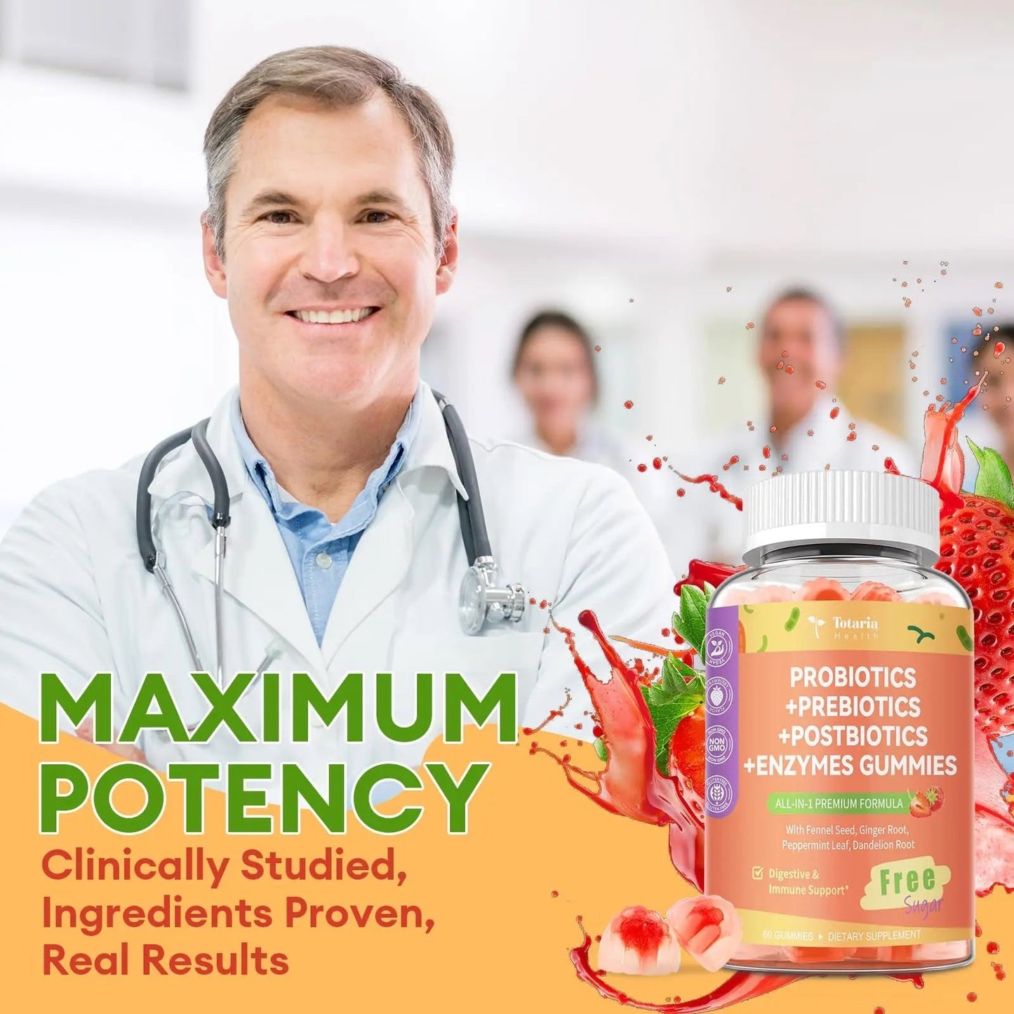 (2 Packs) Totaria Sugar Free 5-in-1 Probiotic Prebiotic Postbiotic Gummy, Probiotics for Women Men with Digestive Enzymes, Peppermint, Complete Immune, Gut & Digestive Support, Vegan Strawberry Flavor - Maple Wellness Supplements