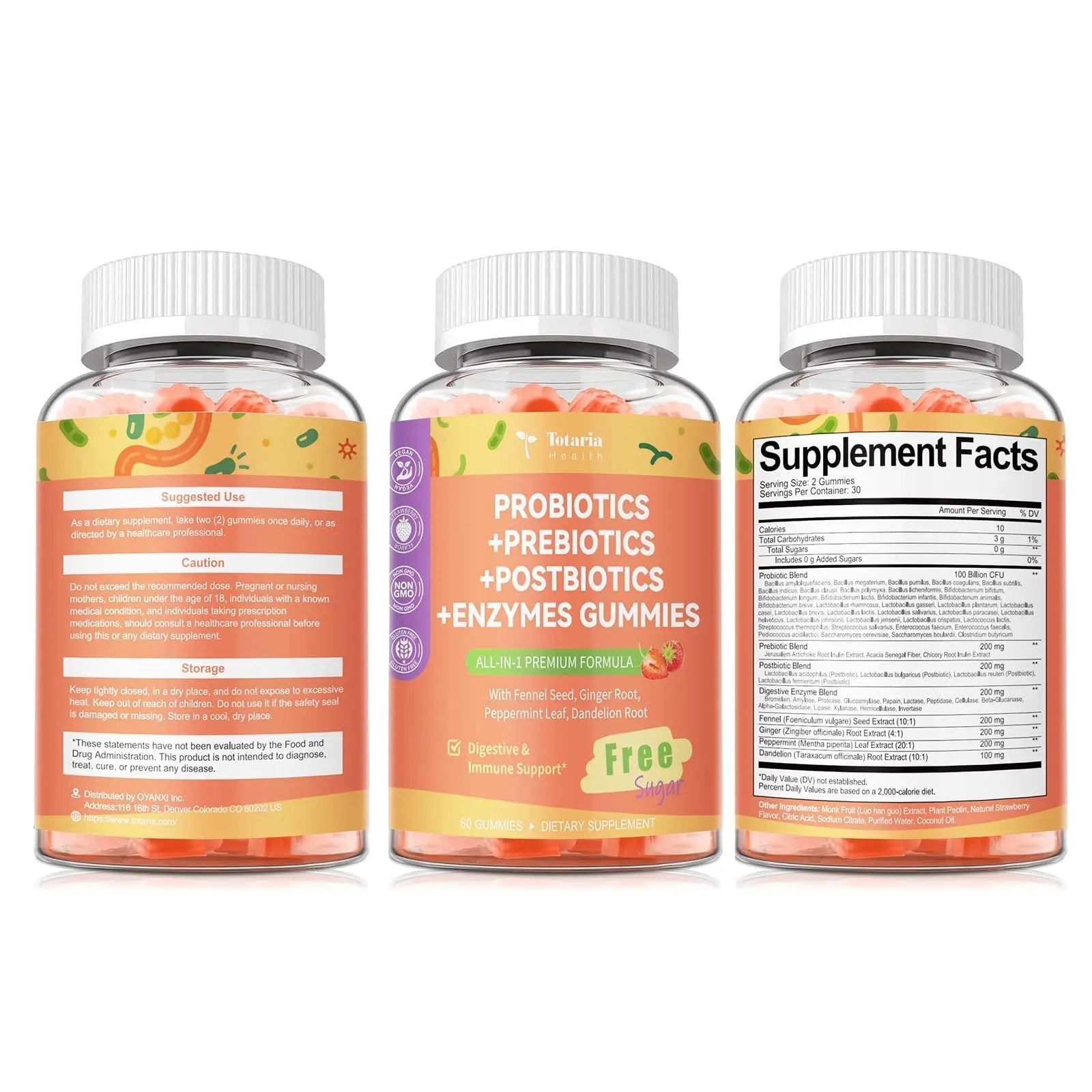 (2 Packs) Totaria Sugar Free 5-in-1 Probiotic Prebiotic Postbiotic Gummy, Probiotics for Women Men with Digestive Enzymes, Peppermint, Complete Immune, Gut & Digestive Support, Vegan Strawberry Flavor - Maple Wellness Supplements