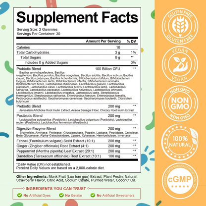 (2 Packs) Totaria Sugar Free 5-in-1 Probiotic Prebiotic Postbiotic Gummy, Probiotics for Women Men with Digestive Enzymes, Peppermint, Complete Immune, Gut & Digestive Support, Vegan Strawberry Flavor - Maple Wellness Supplements