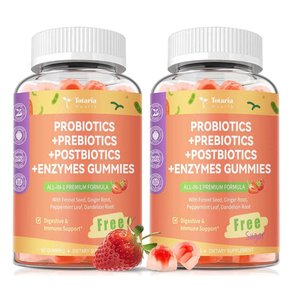 (2 Packs) Totaria Sugar Free 5-in-1 Probiotic Prebiotic Postbiotic Gummy, Probiotics for Women Men with Digestive Enzymes, Peppermint, Complete Immune, Gut & Digestive Support, Vegan Strawberry Flavor - Maple Wellness Supplements