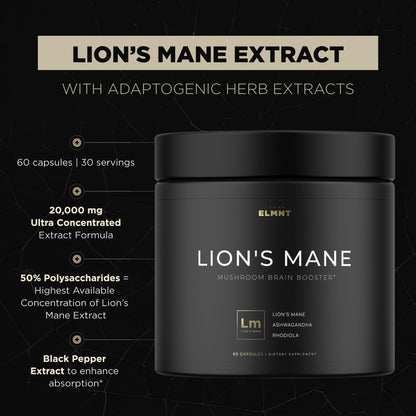 20,000mg 16x Strength Lions Mane Supplement Capsules Super Nootropic w. Ashwagandha & Rhodiola - Highest Potency Lion's Mane Mushroom Extract 50% Polysaccharides Brain Supplements for Memory and Focus - Maple Wellness Supplements