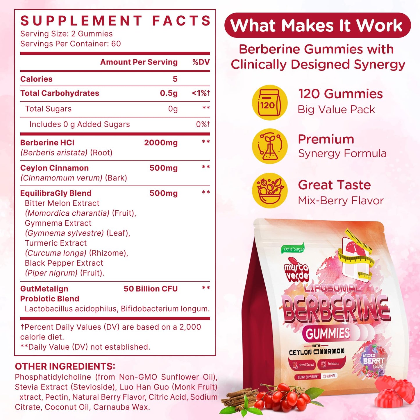2000mg Liposomal Berberine Supplement Gummies | High Potency Berberine HCI Activates AMPK with Ceylon Cinnamon | Advanced Absorption | Zero Sugar Mixed-Berry | 120 Count - Maple Wellness Supplements