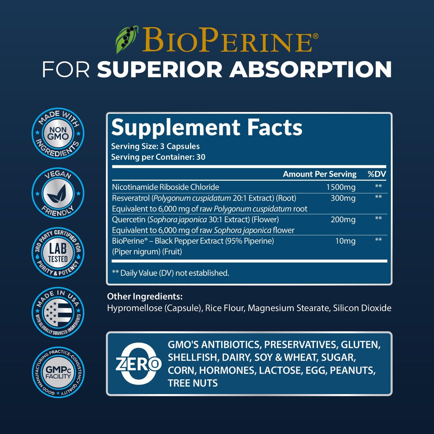 2010 MG NAD+ Supplement- Nicotinamide Riboside, Resveratrol, Quercetin & BioPerine® (High Absorption)- Natural NAD Booster for Anti-Aging, Cellular Energy, Skin- For Women & Men- 90 V Capsules - Maple Wellness Supplements