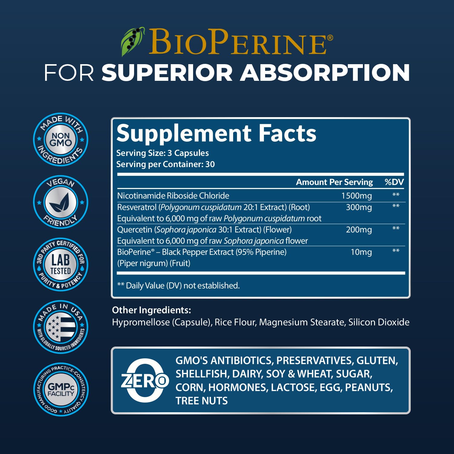 2010 MG NAD+ Supplement- Nicotinamide Riboside, Resveratrol, Quercetin & BioPerine® (High Absorption)- Natural NAD Booster for Anti-Aging, Cellular Energy, Skin- For Women & Men- 90 V Capsules - Maple Wellness Supplements