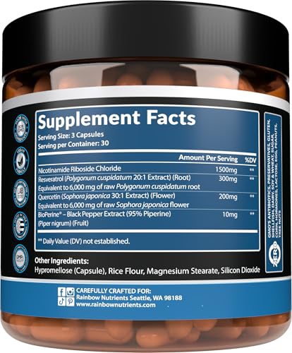 2010 MG NAD+ Supplement- Nicotinamide Riboside, Resveratrol, Quercetin & BioPerine® (High Absorption)- Natural NAD Booster for Anti-Aging, Cellular Energy, Skin- For Women & Men- 90 V Capsules - Maple Wellness Supplements