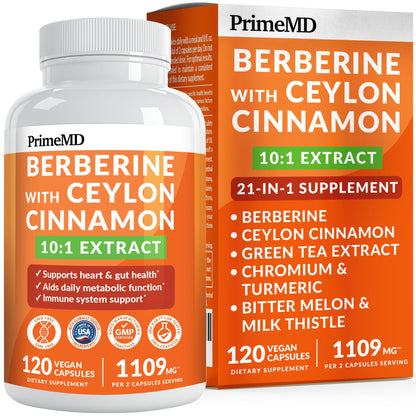 21-in-1 Berberine Supplement with Ceylon Cinnamon Capsules - Dihydroberberine with Chromium, Bitter Melon & Green Tea Extract - Berberine with Ceylon Cinnamon - Maple Wellness Supplements